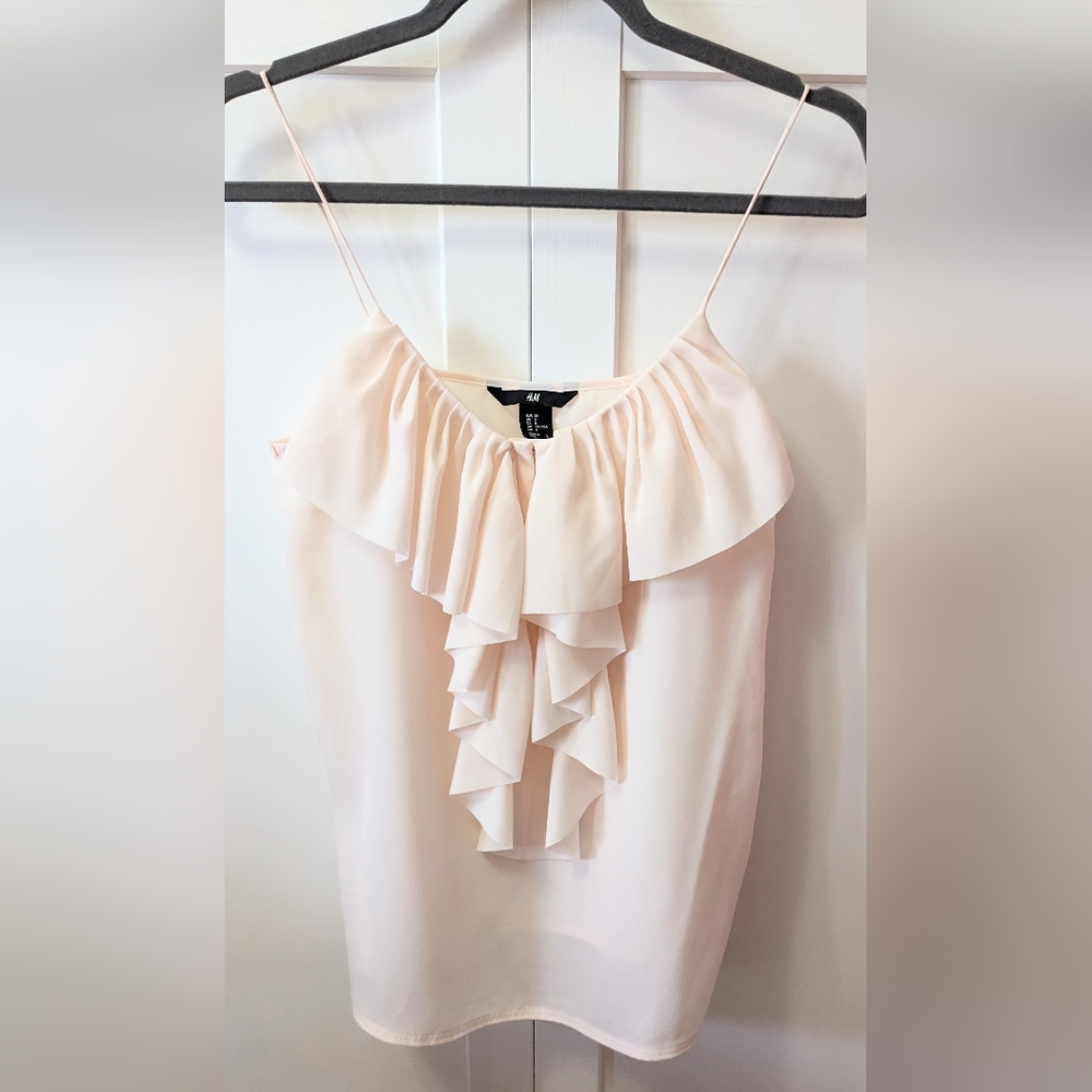 H&M, Ruffle front, Spaghetti strap Top, Beautiful pale pink shade, Size 8, EUC